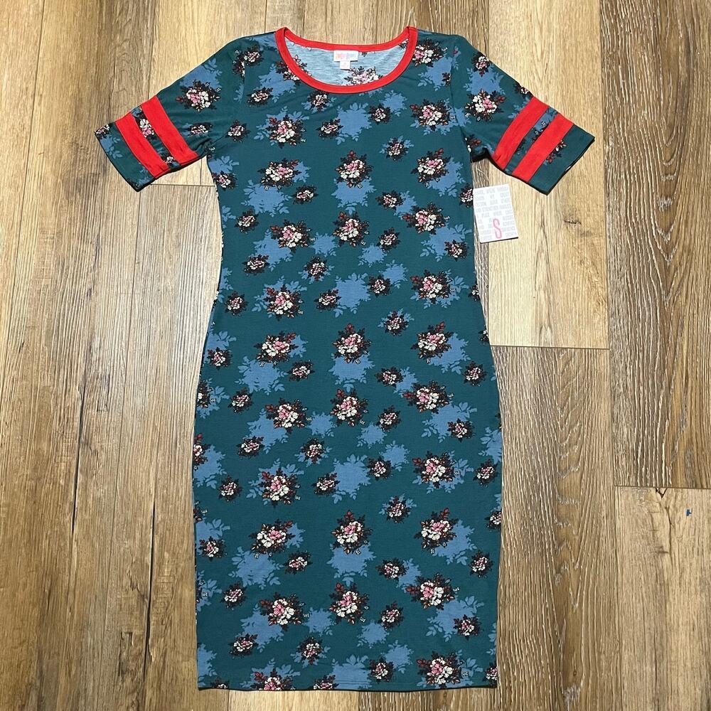 NWT LuLaRoe Julia Floral Teal MIDI Bodycon Shirt Dress Small Comfort Preppy Boho